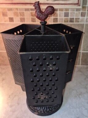 Farmhouse-style rotating utensil holder featuring three metal cheese Graters